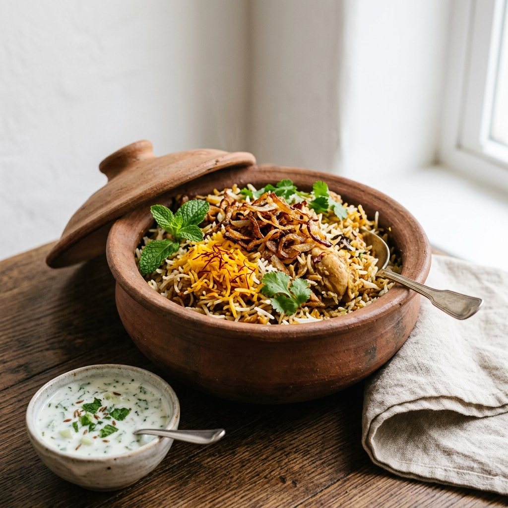 Chicken Dum Biryani cooked in a traditional handi, garnished with fried onions, mint, and hard boiled eggs