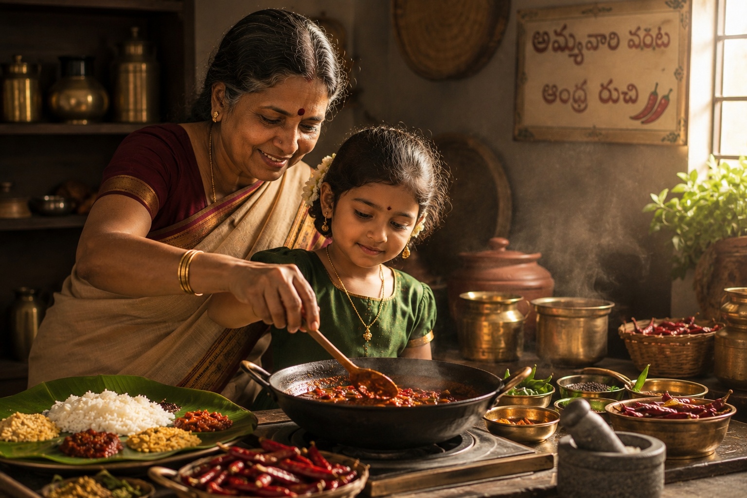 Fresh stone ground spices and traditional kitchen mortar representing the heritage of Mangamma Ruchulu